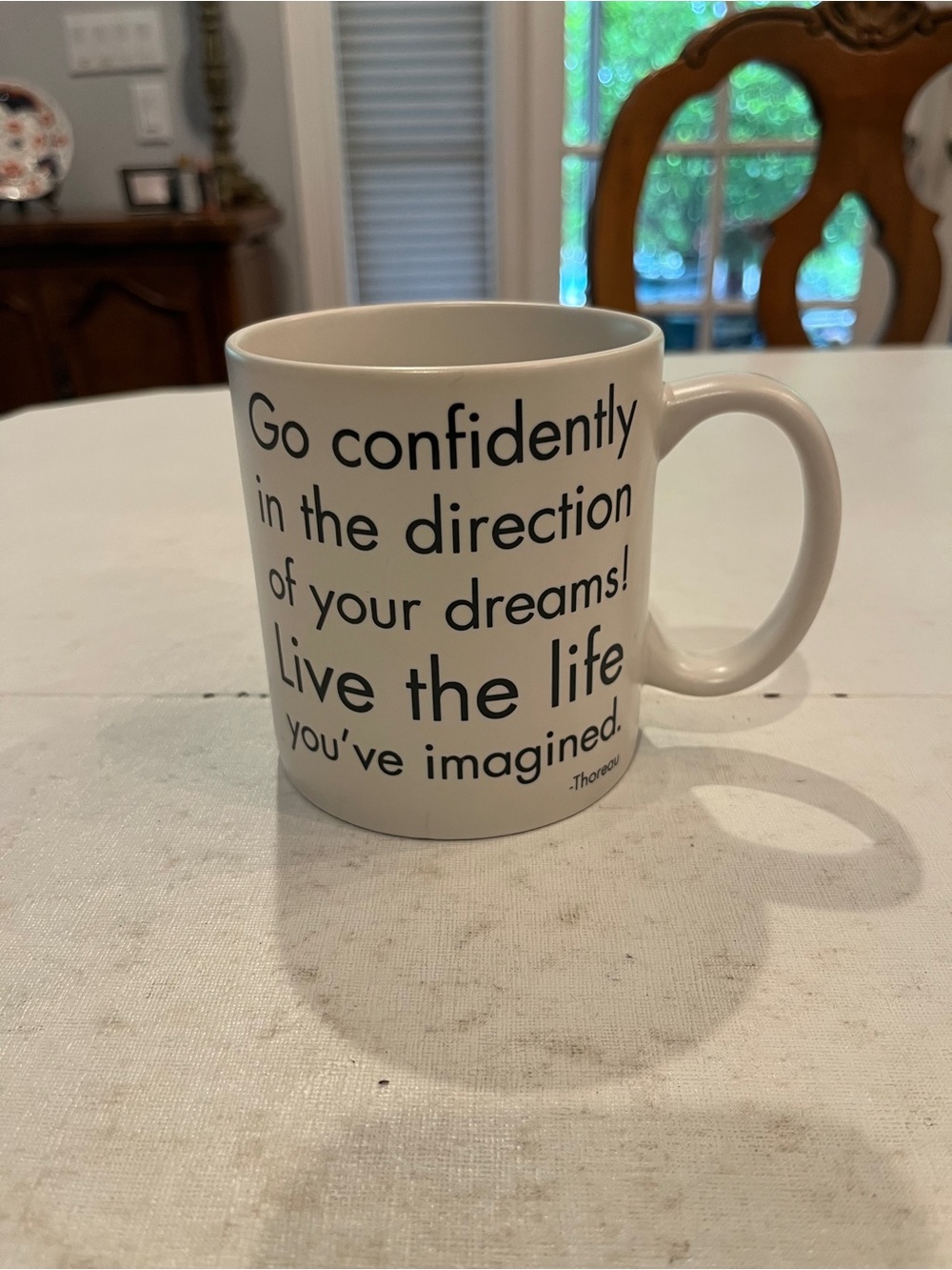 Inspirational White Ceramic Mug with Thoreau quote.